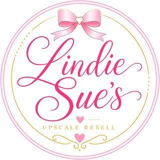 Lindie Sue's Upscale Resell logo: the name in pink script inside a pink and gold circle, with a pink bow at the top.